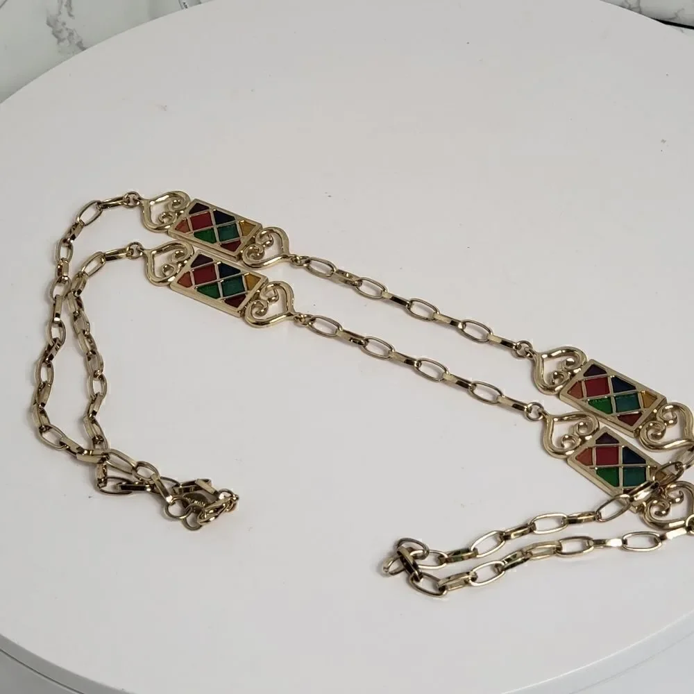 VINTAGE ROLAND Long Goldtone Enameled Necklace